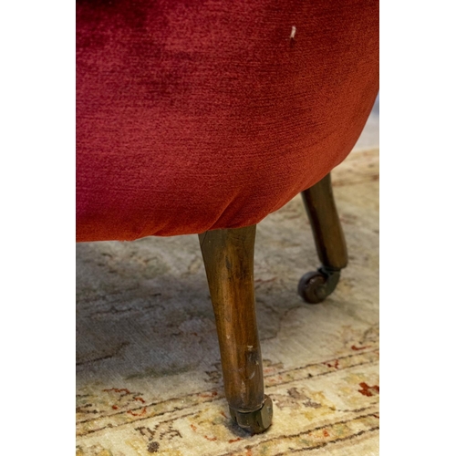 178 - ARMCHAIR, 85cm H x 79cm, Victorian in dark red velvet on ceramic castors.