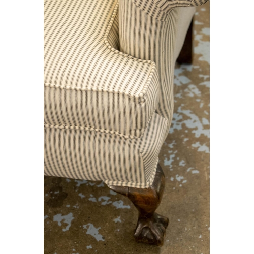 179 - WING ARMCHAIR, 106cm H x 83cm, Georgian style in new ticking fabric.