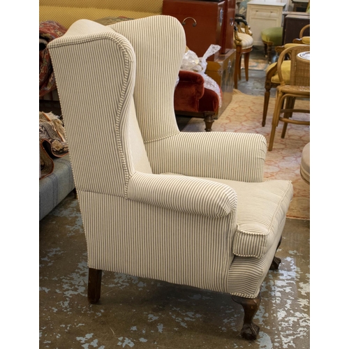 179 - WING ARMCHAIR, 106cm H x 83cm, Georgian style in new ticking fabric.