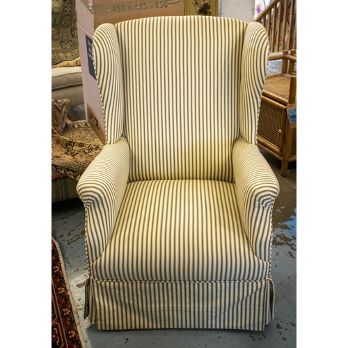 182 - WING ARMCHAIR, 98cm H x 68cm, green ticking upholstered.