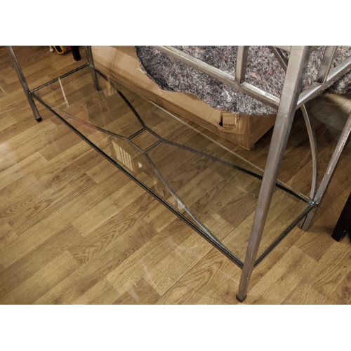 306 - ETAGERE, brushed metal with three glass shelves, 120cm x 35cm x 226cm.