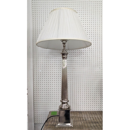 322 - TABLE LAMP, column form shade, polished metal, with shade, 82cm H.