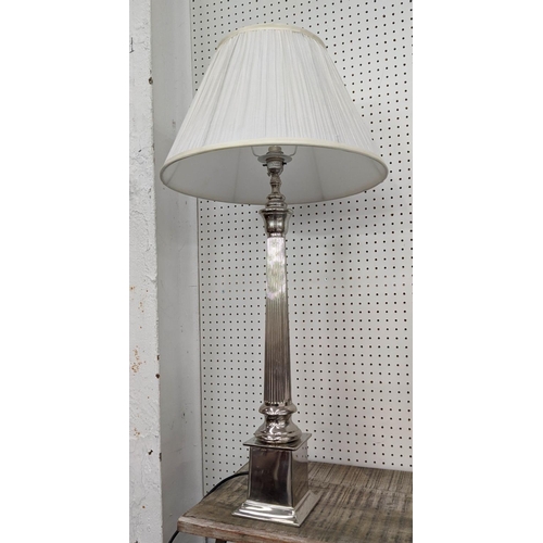 322 - TABLE LAMP, column form shade, polished metal, with shade, 82cm H.