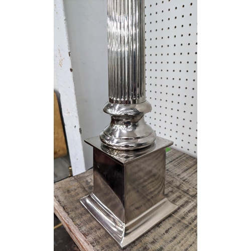 322 - TABLE LAMP, column form shade, polished metal, with shade, 82cm H.