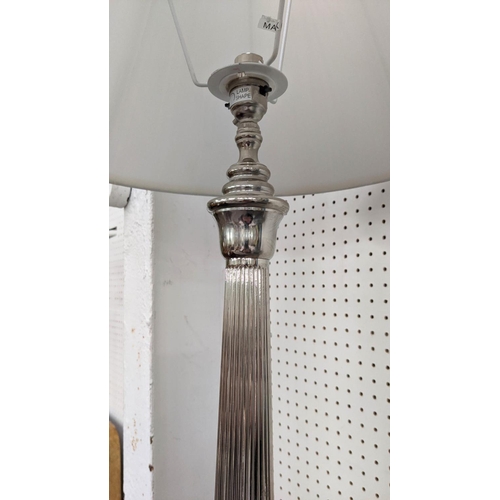 322 - TABLE LAMP, column form shade, polished metal, with shade, 82cm H.