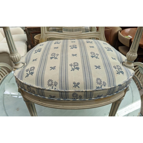 323 - DINING SET INCLUDING CIRCULAR TABLE, 78cm x 126cm, with a lattice frieze in a distressed painted fin... 