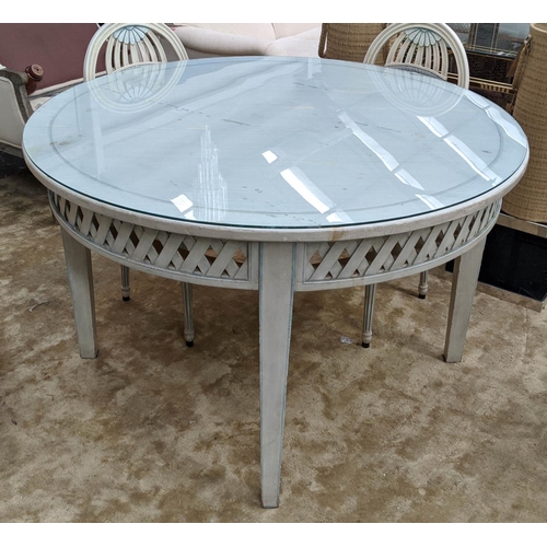 323 - DINING SET INCLUDING CIRCULAR TABLE, 78cm x 126cm, with a lattice frieze in a distressed painted fin... 