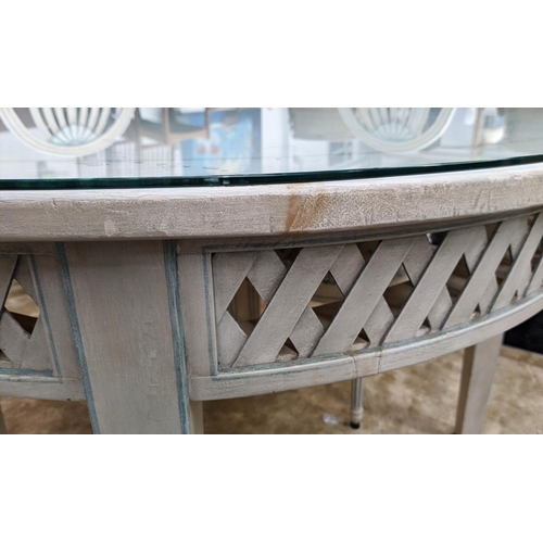 323 - DINING SET INCLUDING CIRCULAR TABLE, 78cm x 126cm, with a lattice frieze in a distressed painted fin... 