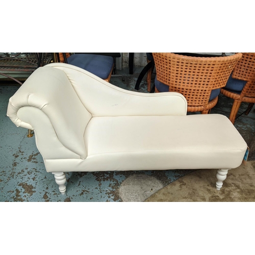 341 - CHAISE LONGUE, 74cm H x 142cm, ivory faux leather upholstery.