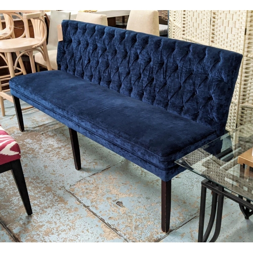 357 - SOFA, 175cm W x 89cm H x 50cm D, buttoned back blue velvet finish.