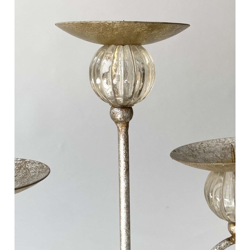 192 - CANDELABRA, a pair, distressed metal each with three branches, 55cm H. (2)