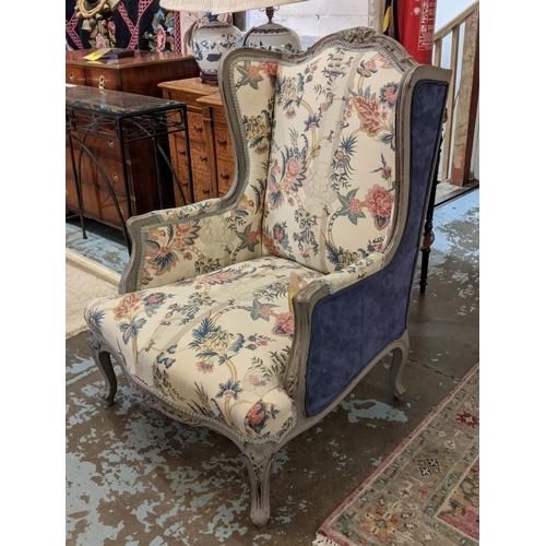 110 - BERGERE A OREILLES, with a distressed grey painted showframe and Hodsoll McKenzie Indian column flor... 