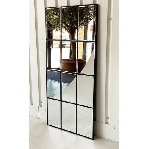 264 - ARCHITECTURAL WALL MIRROR, 150cm x 70cm, twelve paned bevelled mirrors in black frame.