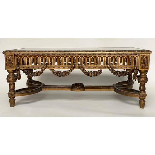 101 - LOW TABLE, French Louis XVI style giltwood and gesso with egg and dart and swag mouldings and sepia ... 