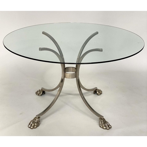 102 - CENTRE/DINING TABLE, circular glass raised upon chromed and silver metal outswept supports with paw ... 