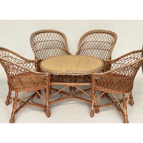 103 - TERRACE SET, woven cane basket weave with oval two tier table and four armchairs, table 85cm W x 63c... 