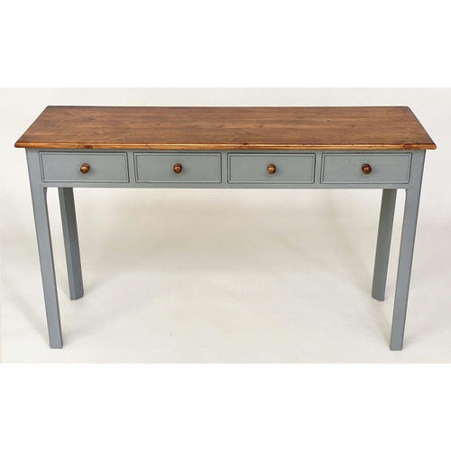 285 - CONSOLE TABLE, slate grey painted and stained with four short drawers, 125cm W x 37cm D x 76cm H.