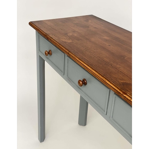 285 - CONSOLE TABLE, slate grey painted and stained with four short drawers, 125cm W x 37cm D x 76cm H.