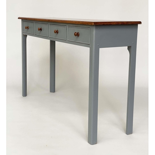 285 - CONSOLE TABLE, slate grey painted and stained with four short drawers, 125cm W x 37cm D x 76cm H.