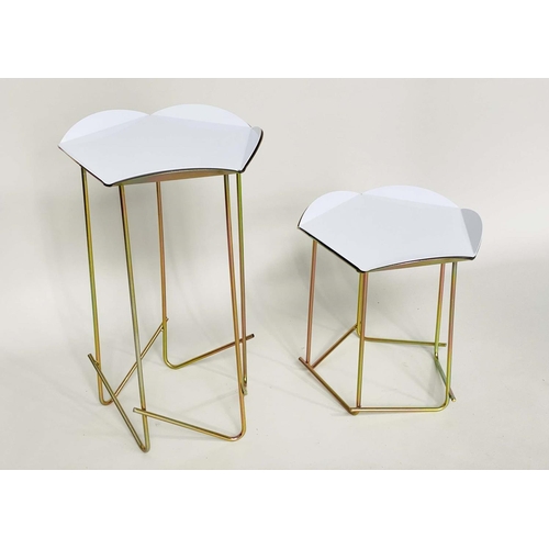 287 - DOKTER AND MISSES TRAY SIDE TABLES, powder coated metal trays on brass supports, 44cm W x 73cm H and... 