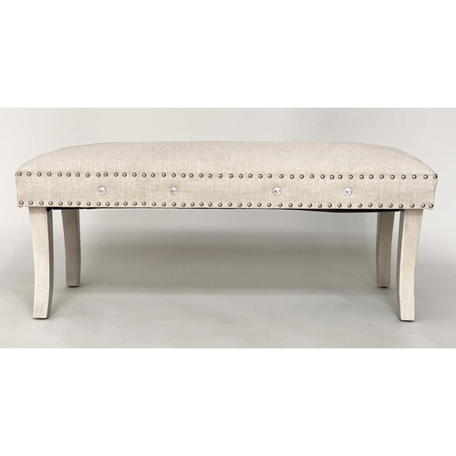 290 - WINDOW SEAT, contemporary chrome studded and linen upholstered with swept supports, 108cm W x 41cm D... 