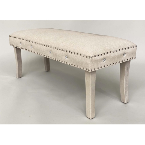 290 - WINDOW SEAT, contemporary chrome studded and linen upholstered with swept supports, 108cm W x 41cm D... 