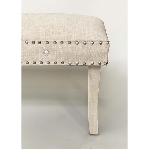 290 - WINDOW SEAT, contemporary chrome studded and linen upholstered with swept supports, 108cm W x 41cm D... 