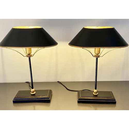 404 - BOUILOTTE STYLE TABLE LAMPS, a pair, 42cm high, 31cm wide, 20cm deep, black and gilt. (2)