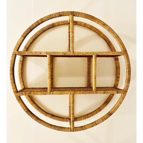 406 - RATTAN WALL ETAGERE, 78cm diameter, 19cm deep, 1970s Italian style.