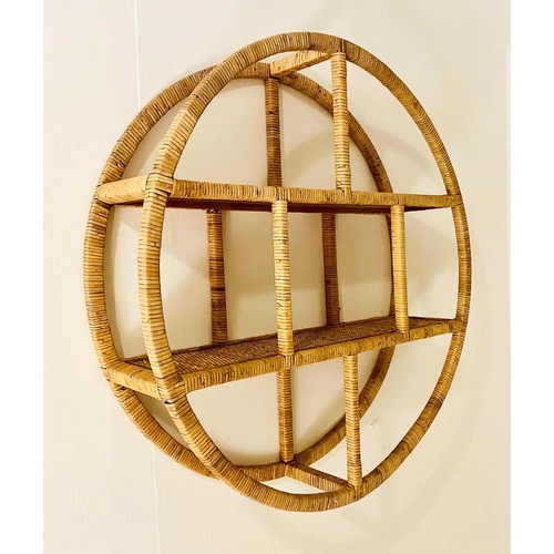 406 - RATTAN WALL ETAGERE, 78cm diameter, 19cm deep, 1970s Italian style.