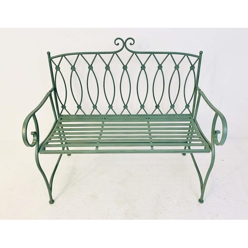 407 - GARDEN BENCH, 95cm high, 105cm wide, 54cm deep, Regency style, painted pistachio green metal.