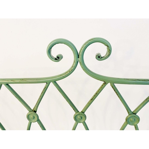 407 - GARDEN BENCH, 95cm high, 105cm wide, 54cm deep, Regency style, painted pistachio green metal.