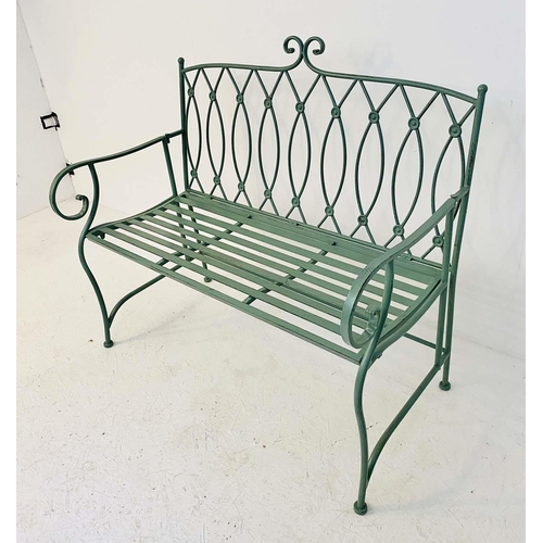 407 - GARDEN BENCH, 95cm high, 105cm wide, 54cm deep, Regency style, painted pistachio green metal.