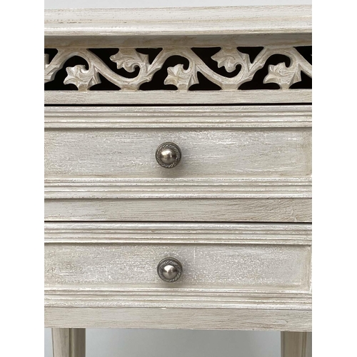 84 - BEDSIDE CHESTS/TABLES, a pair, French style traditionally grey painted each with pierced frieze and ... 