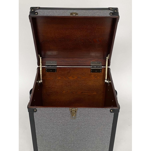 381 - TRUNK, leather bound, with rising lid and carrying handles, 52cm x 44cm 60cm H.