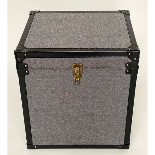 381 - TRUNK, leather bound, with rising lid and carrying handles, 52cm x 44cm 60cm H.