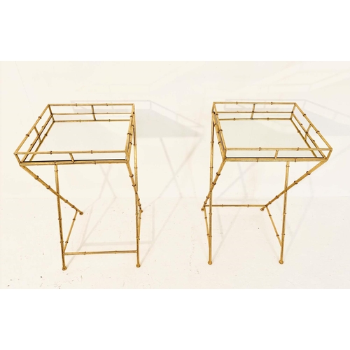 302 - MAISON BAGUES STYLE SIDE TABLES, a pair, 68cm high x 36cm wide, mirrored glass tops, faux bamboo gil... 