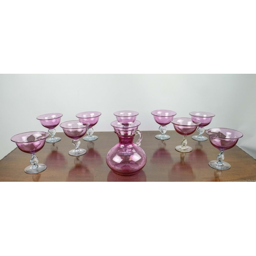 1 - CRANBERRY GLASSES, a set of ten, with spiral twist stems and matching jug. (11)