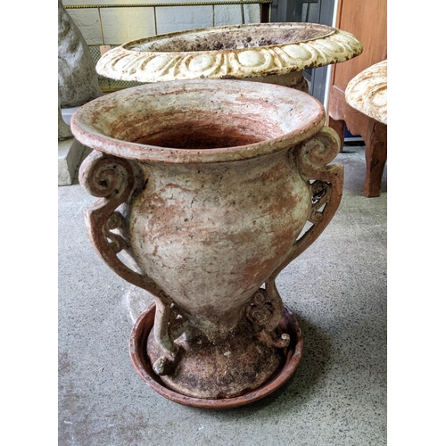 164 - CAST IRON GARDEN URNS, Victorian, a pair, each 60cm x 47cm, white painted and a terracotta urn, 46cm... 