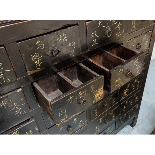 175 - APOTHECARY'S CABINET, 19th century Chinese black lacquer with twenty-four drawers below larger compa... 