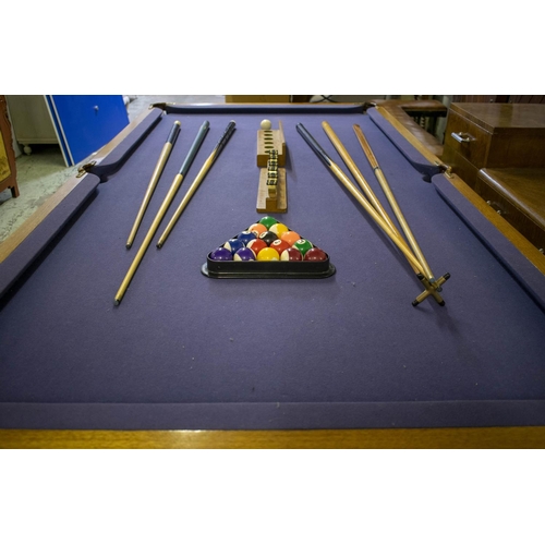 193 - 7' BILLIARD/SNOOKER TABLE ATTRIBUTED TO W. JELKS & SONS, 86cm H x 223cm x 116cm, oak, walnut and blu... 