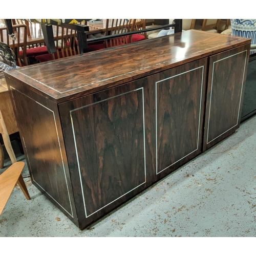 353 - SIDEBOARD, 170cm L x 60cm D x 86cm H, exotic wood, polished metal inlay.