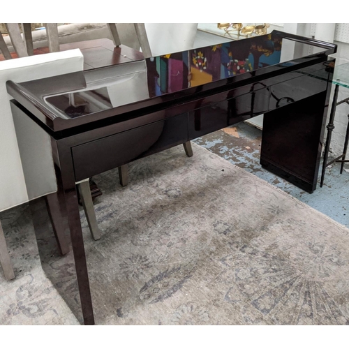 355 - CONSOLE TABLE, 43cm D x 101cm H x 150cm W, black lacquered finish with drawers.