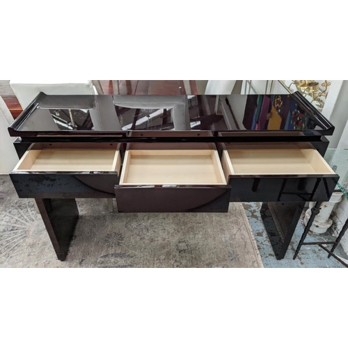 355 - CONSOLE TABLE, 43cm D x 101cm H x 150cm W, black lacquered finish with drawers.