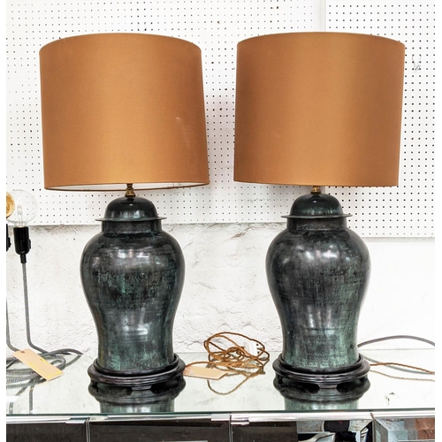 362 - TABLE LAMPS, a pair, 83cm H, glazed ceramic baluster vase form, gold shades. (2)