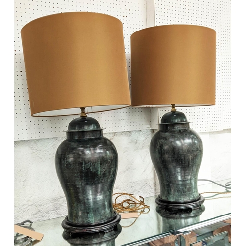 362 - TABLE LAMPS, a pair, 83cm H, glazed ceramic baluster vase form, gold shades. (2)