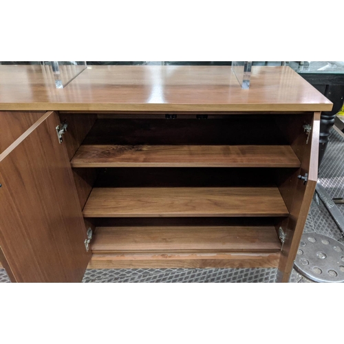 366 - SIDEBOARD, two cabineted compartments to base, two tiers of shelves to top, perspex detail, 190cm x ... 