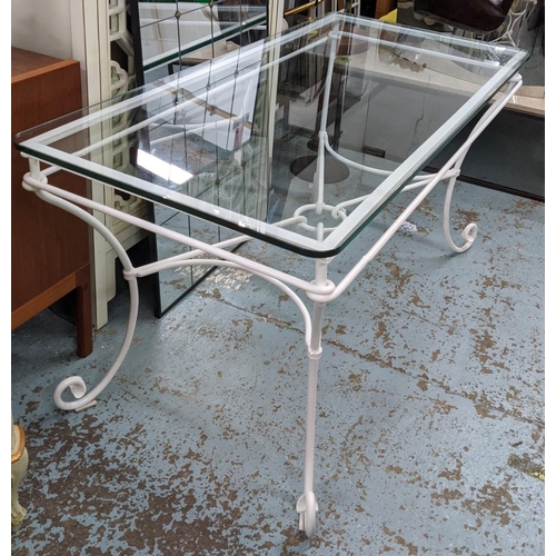 370 - ORANGERY DINING TABLE, 154cm x 74cm x 77cm, white painted metal base, glass top.