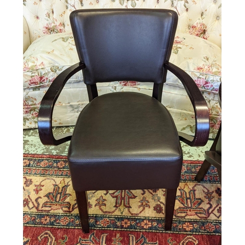 377 - DINING CHAIRS, a set of ten each 55cm W, brown leather with arms.