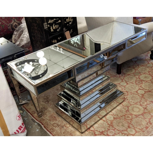 379 - MIRRORED CONSOLE TABLE, 125cm W x 40cm D x 75cm H with central drawer.